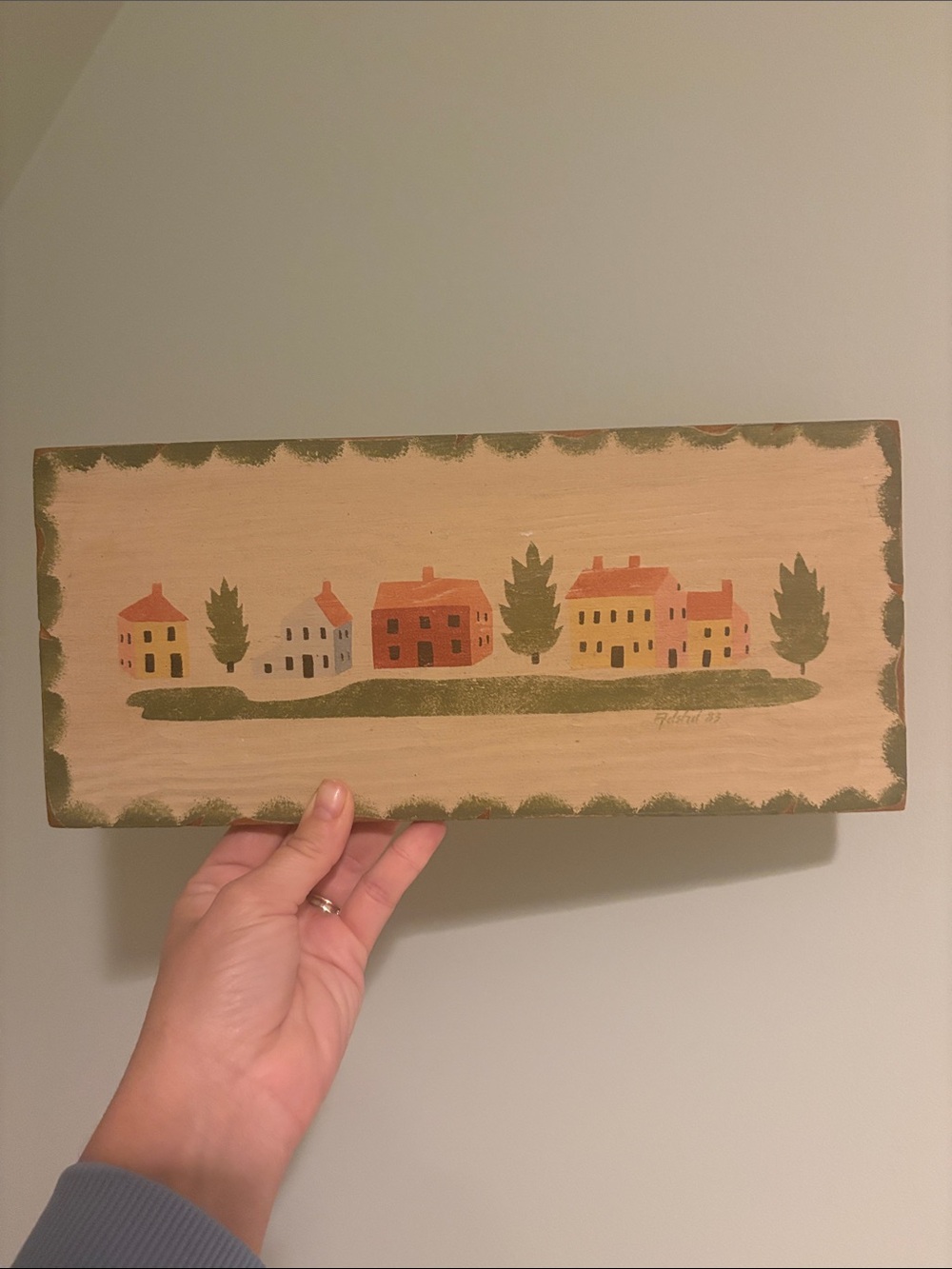 Hand-Painted Country Village Wall Plaque in Cream and Green